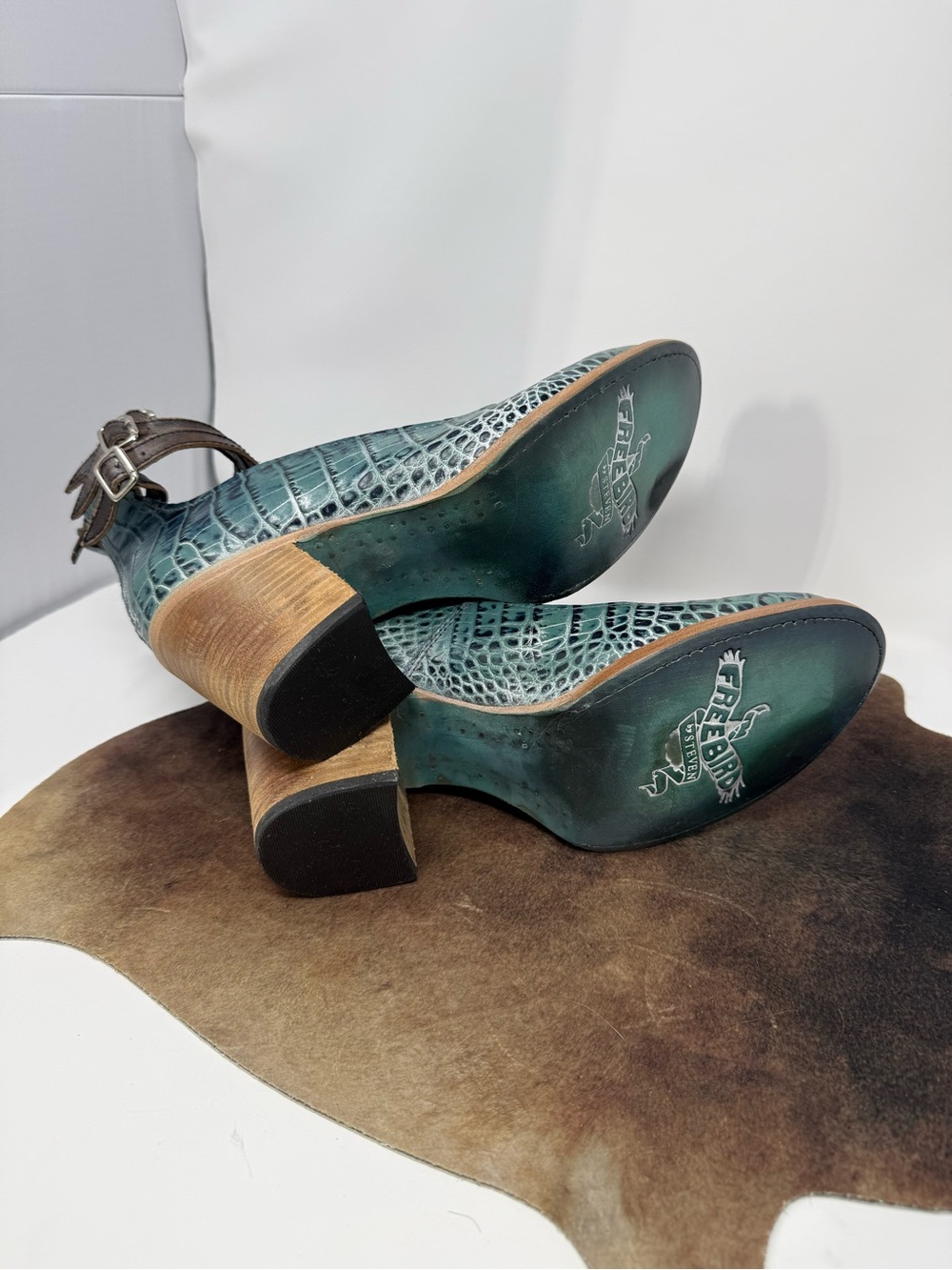 EUC freebird Teal Croc-Embossed Ankle-Strap Heels sz 10 (EDLNKI) - Picture 7 of 8